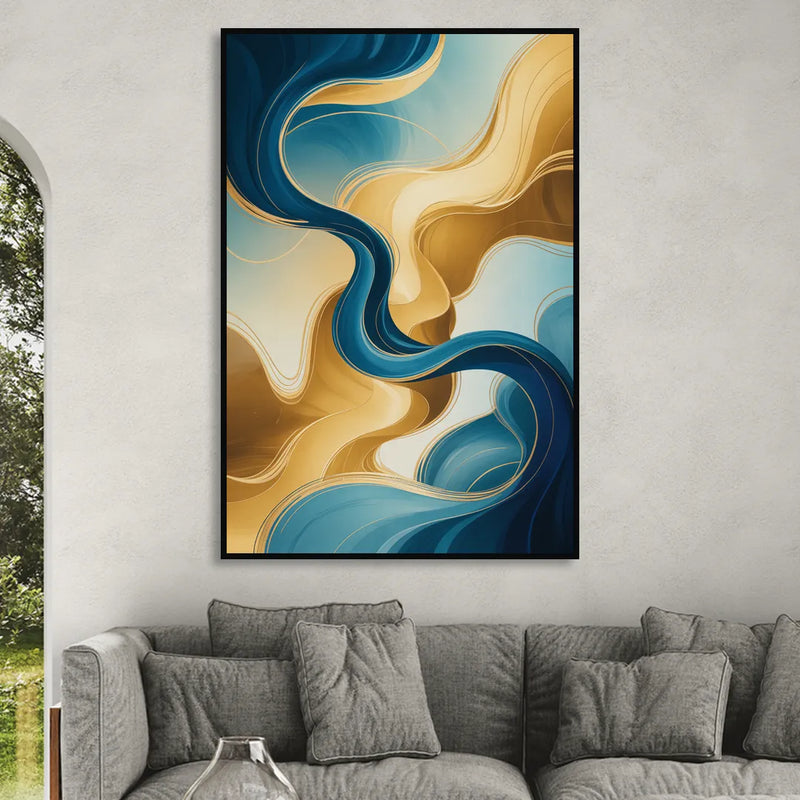 Elegant Fluidity Blue and Gold Abstract Living Room - Black Canvas Wall Art