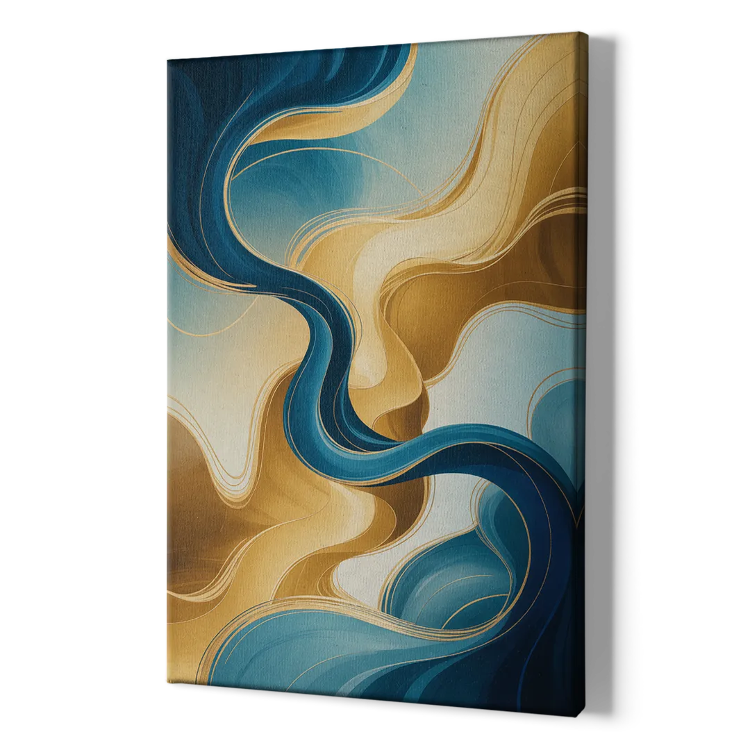 Elegant Fluidity Blue and Gold Abstract - Canvas Print Art Sides