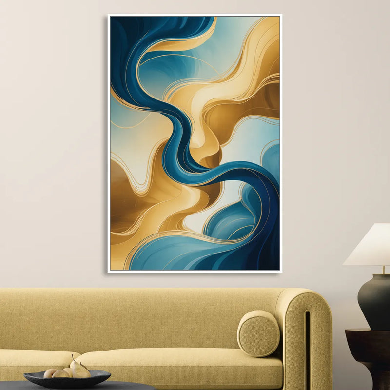 Elegant Fluidity Blue and Gold Abstract Living Room - White Canvas Wall Art