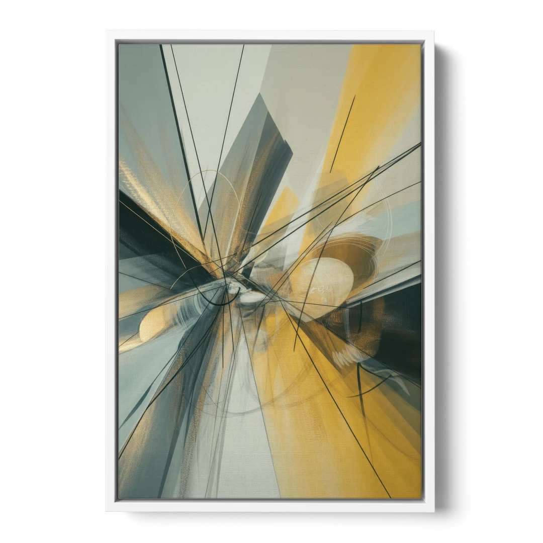 Elegant Fluidity Yellow and Grey Abstract - White Framed Canvas Wall Art - Front