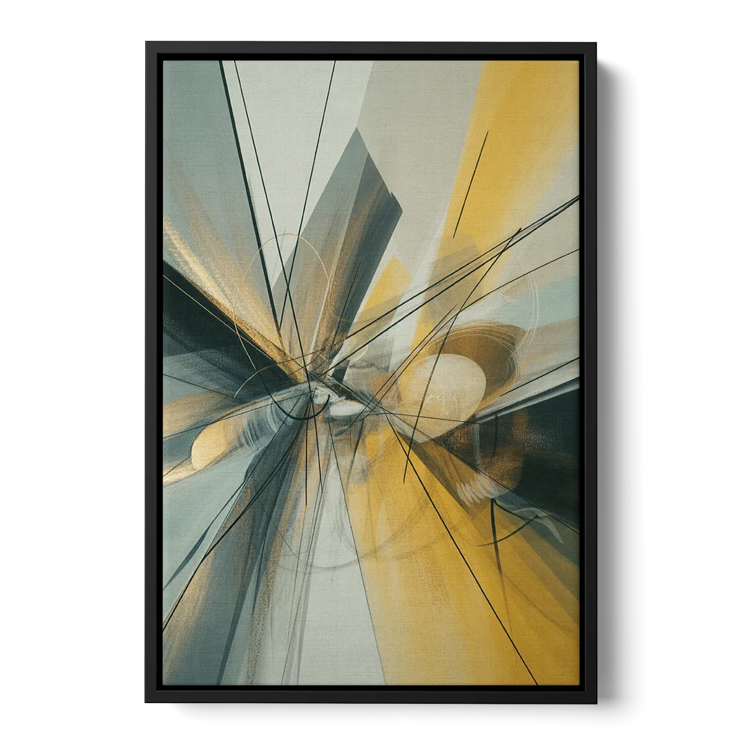 Elegant Fluidity Yellow and Grey Abstract - Black Frame Canvas