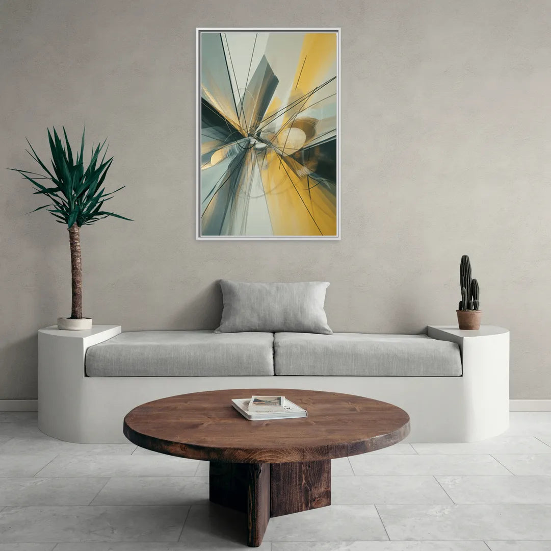 Elegant Fluidity Yellow and Grey Abstract - Living Room White Frame Canvas