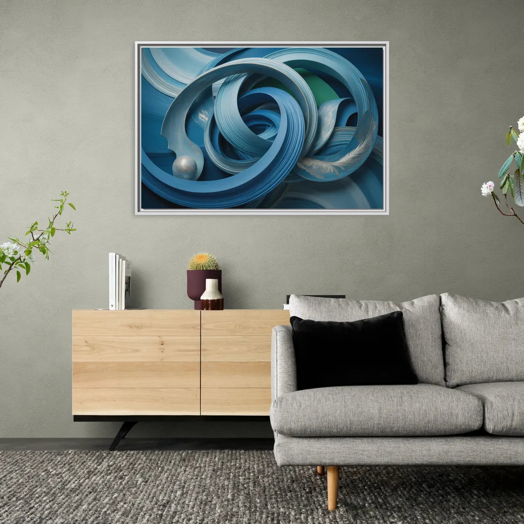 Elegant Fluidity in Blue Abstract - Living Room White Frame Canvas