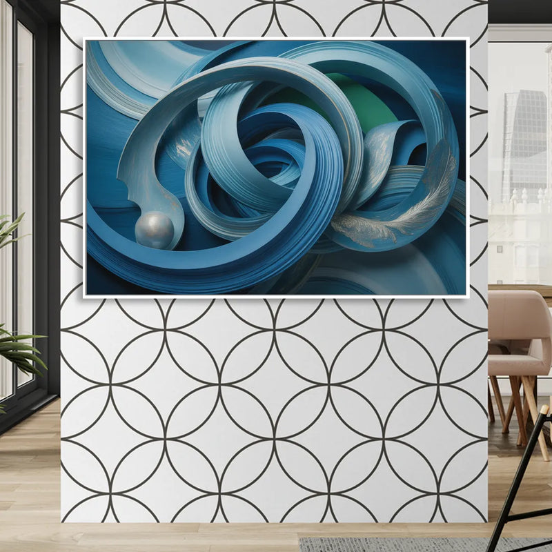 Elegant Fluidity in Blue Abstract Living Room - White Canvas Wall Art