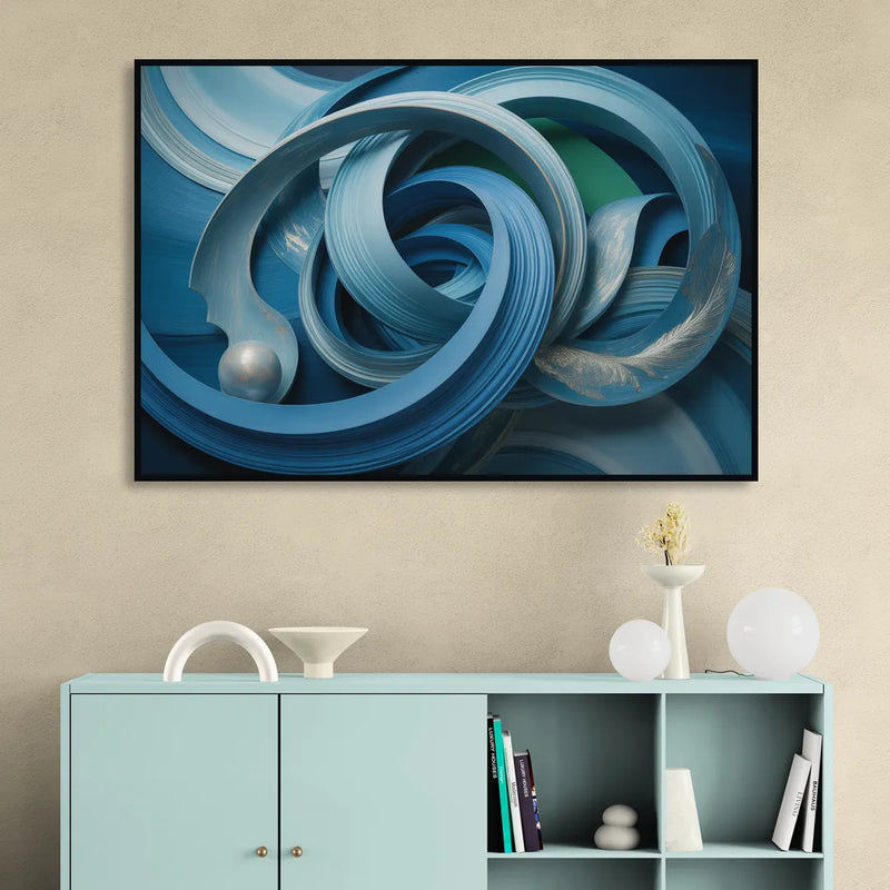 Elegant Fluidity in Blue Abstract Living Room - Black Canvas Wall Art