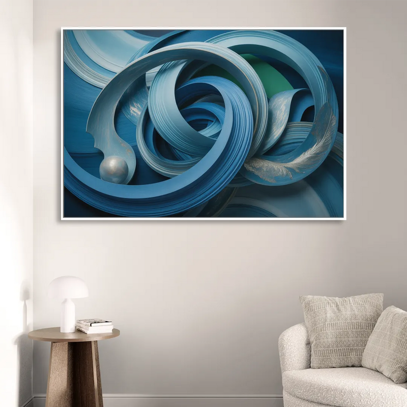 Elegant Fluidity in Blue Abstract Sitting Room - White Canvas Wall Art