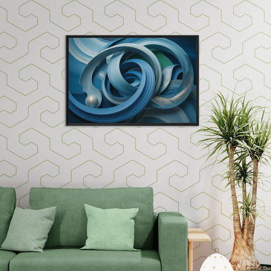 Elegant Fluidity in Blue Abstract - Living Room Black Frame Canvas