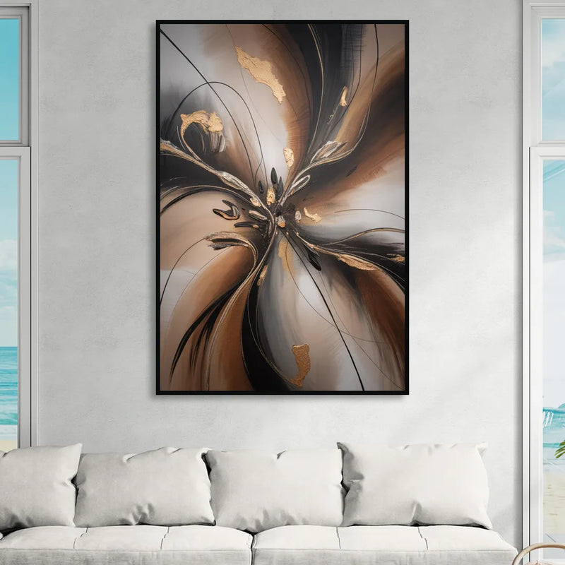 Elegant Fluidity in Brown Abstract Sitting Room - Black Canvas Wall Art