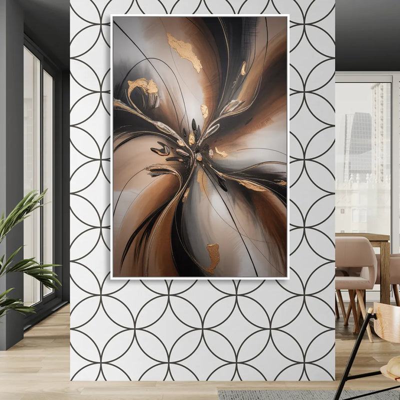 Elegant Fluidity in Brown Abstract Sitting Room - White Canvas Wall Art