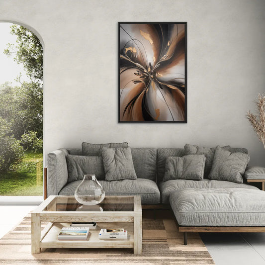 Elegant Fluidity in Brown Abstract - Living Room Black Frame Canvas