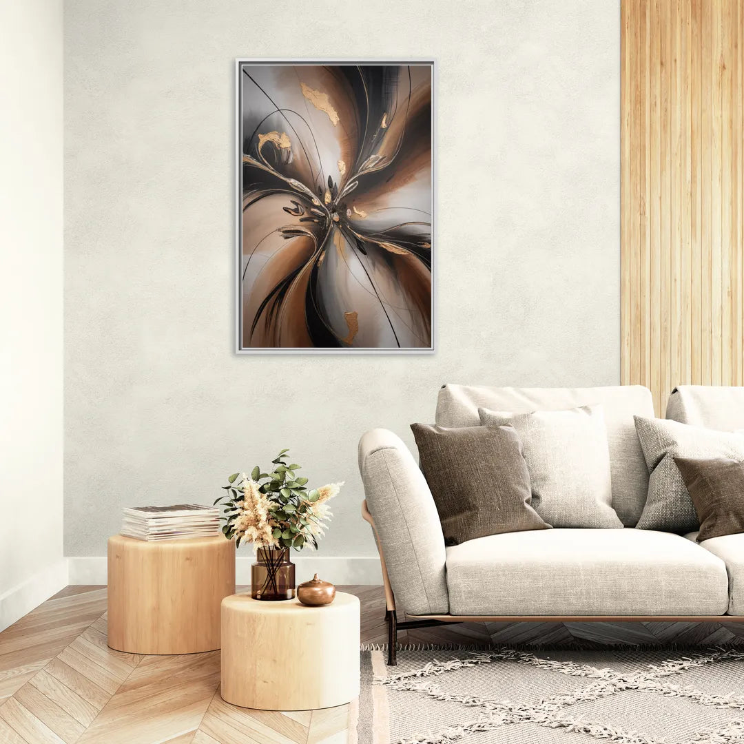 Elegant Fluidity in Brown Abstract - Living Room White Frame Canvas