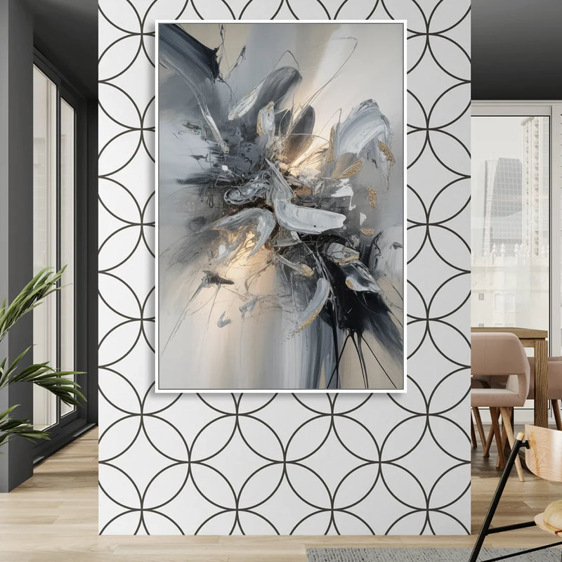 Elegant Fluidity in Grey and Silver Abstract Living Room - White Canvas Wall Art
