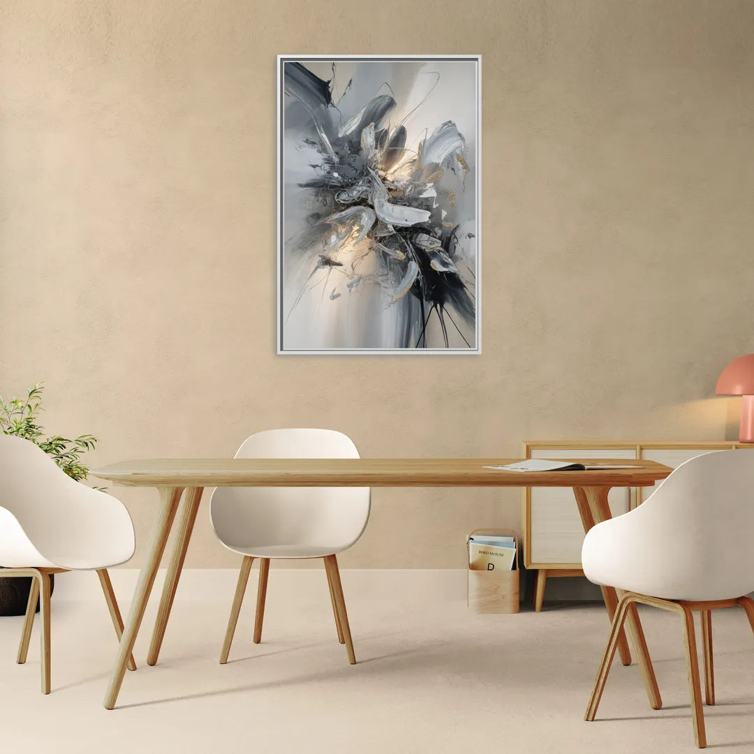 Elegant Fluidity in Grey and Silver Abstract - Living Room White Frame Canvas