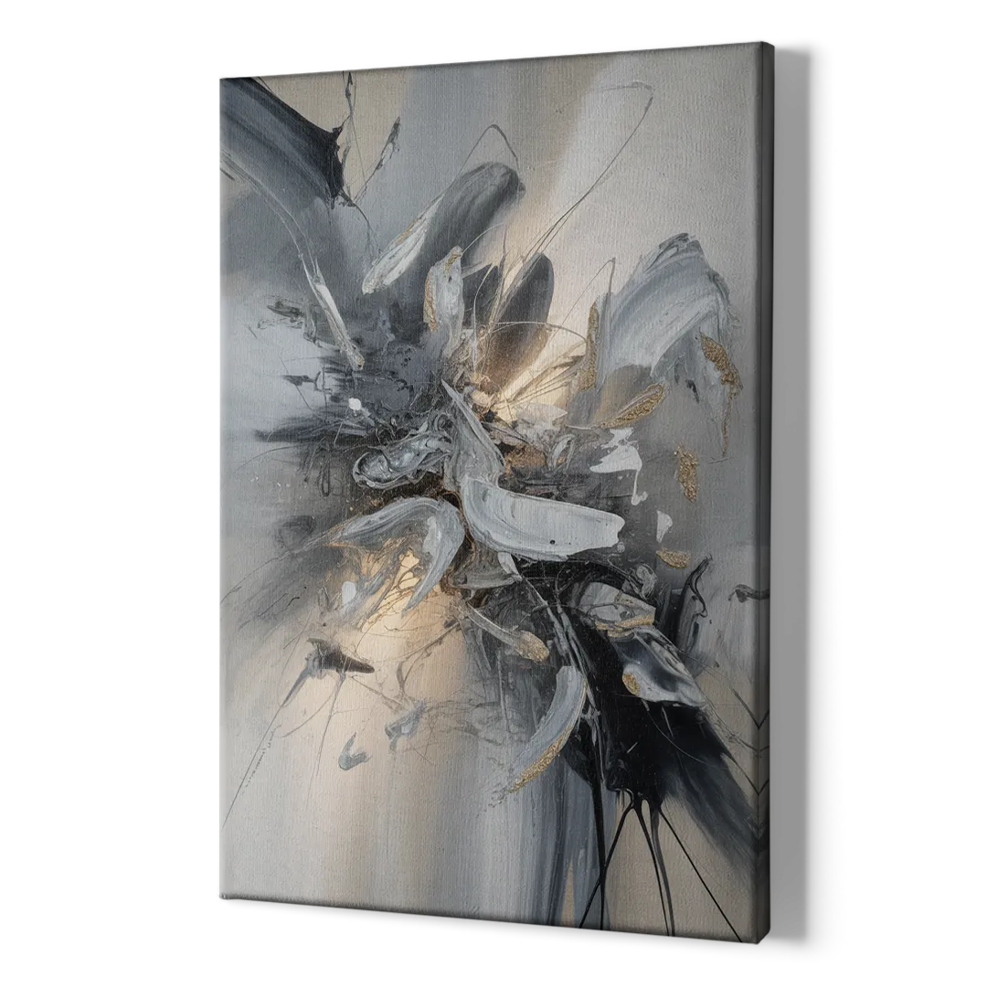 Elegant Fluidity in Grey and Silver Abstract - Canvas Print Art Sides