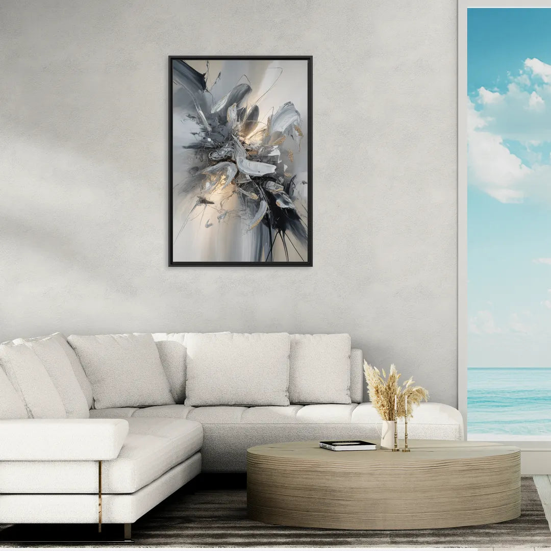 Elegant Fluidity in Grey and Silver Abstract - Living Room Black Frame Canvas