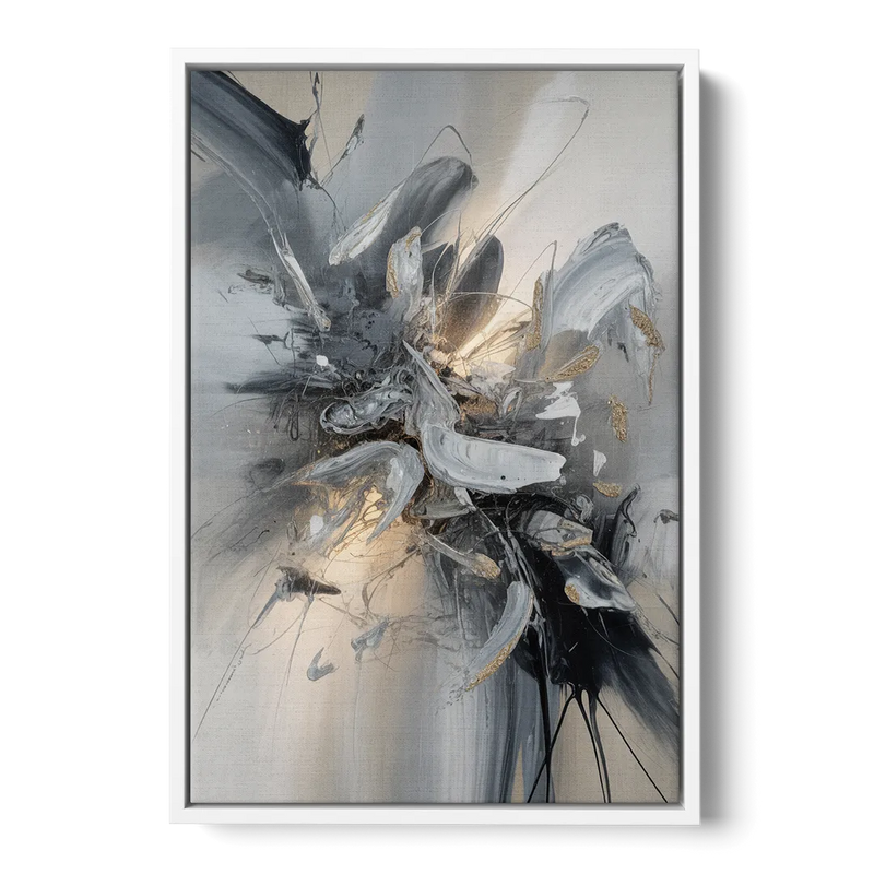 Elegant Fluidity in Grey and Silver Abstract Front - White Canvas Wall Art