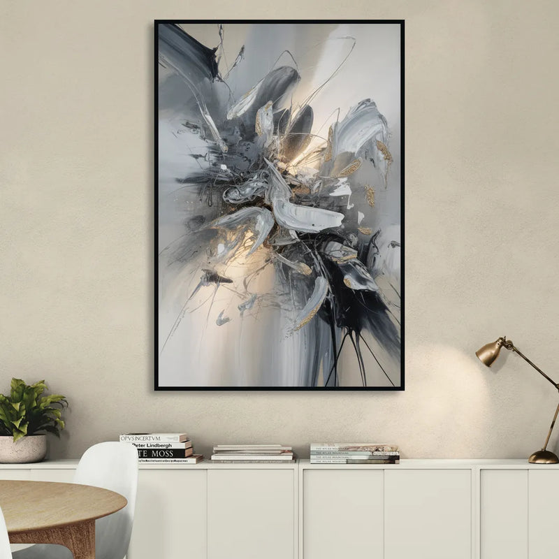 Elegant Fluidity in Grey and Silver Abstract Sitting Room - Black Canvas Wall Art