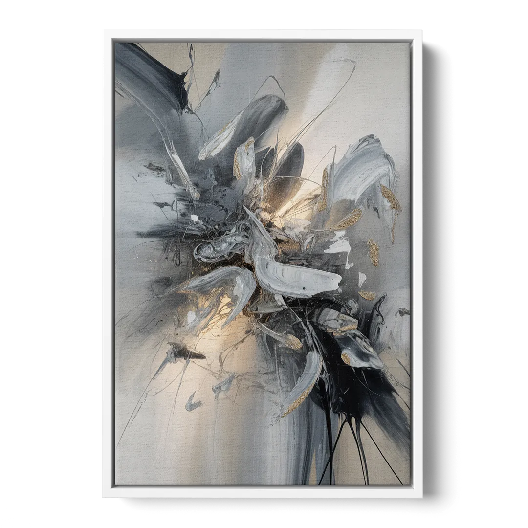 Elegant Fluidity in Grey and Silver Abstract - White Frame Canvas