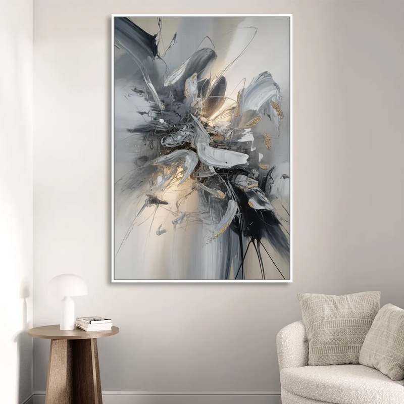 Elegant Fluidity in Grey and Silver Abstract Sitting Room - White Canvas Wall Art