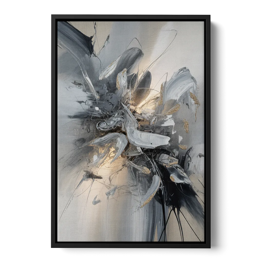 Elegant Fluidity in Grey and Silver Abstract - Black Frame Canvas