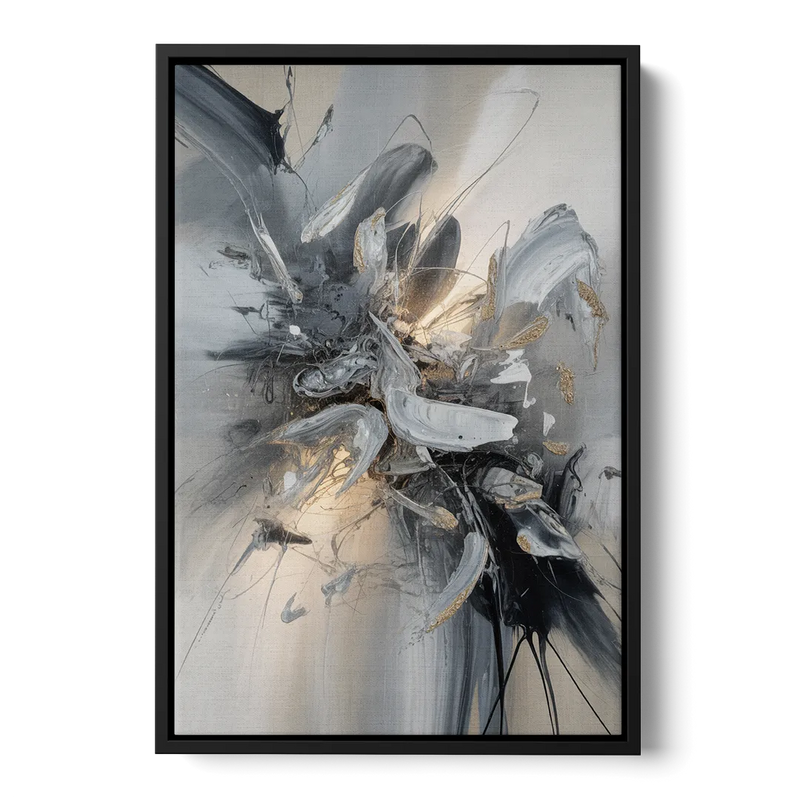 Elegant Fluidity in Grey and Silver Abstract Front - Black Canvas Wall Art