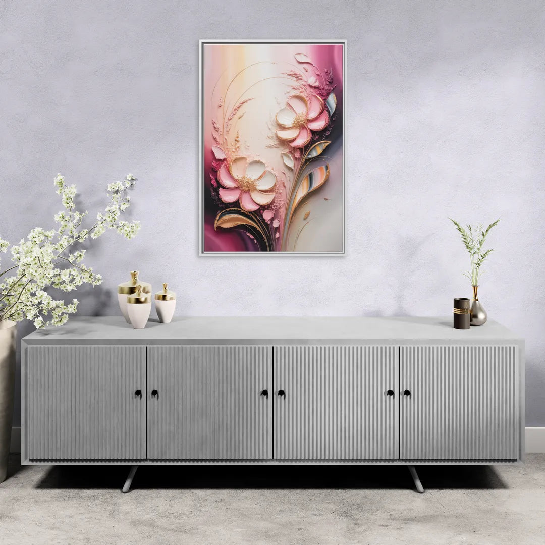 Elegant Fuchsia Blossoms Pink Abstract - Living Room White Frame Canvas