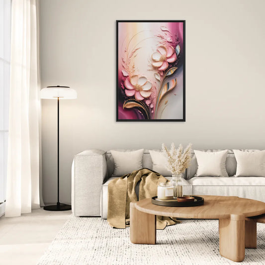 Elegant Fuchsia Blossoms Pink Abstract - Living Room Black Frame Canvas