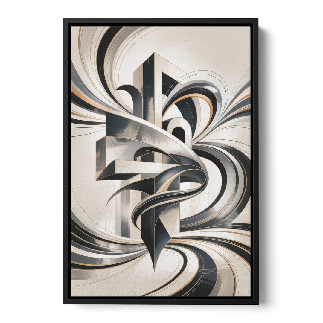 Elegant Fusion Grey and White Abstract - Black Framed Canvas Wall Art - Front