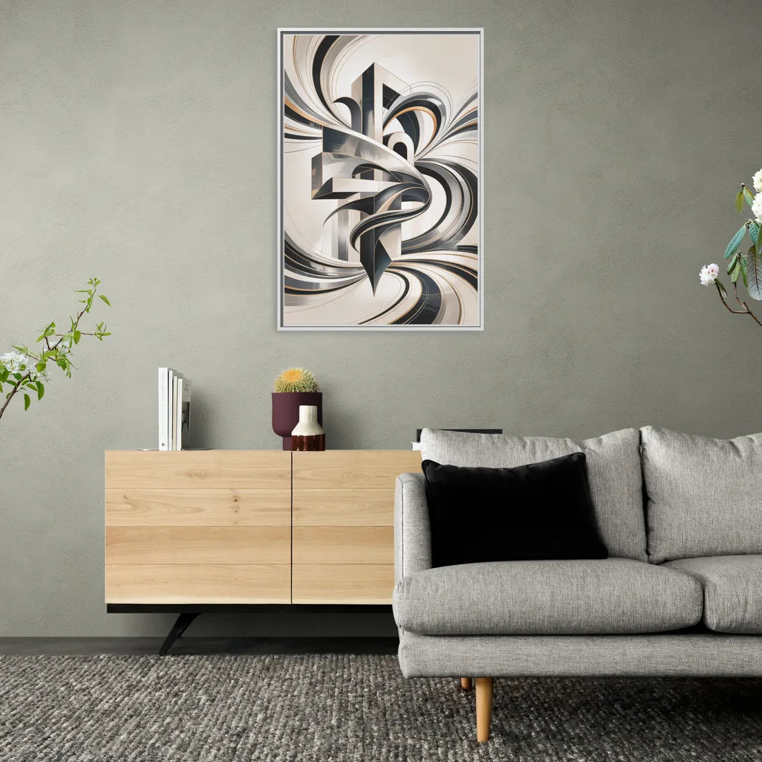 Elegant Fusion Grey and White Abstract - Living Room White Frame Canvas