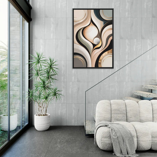 Elegant Geometric Beige Abstract - Living Room Black Frame Canvas