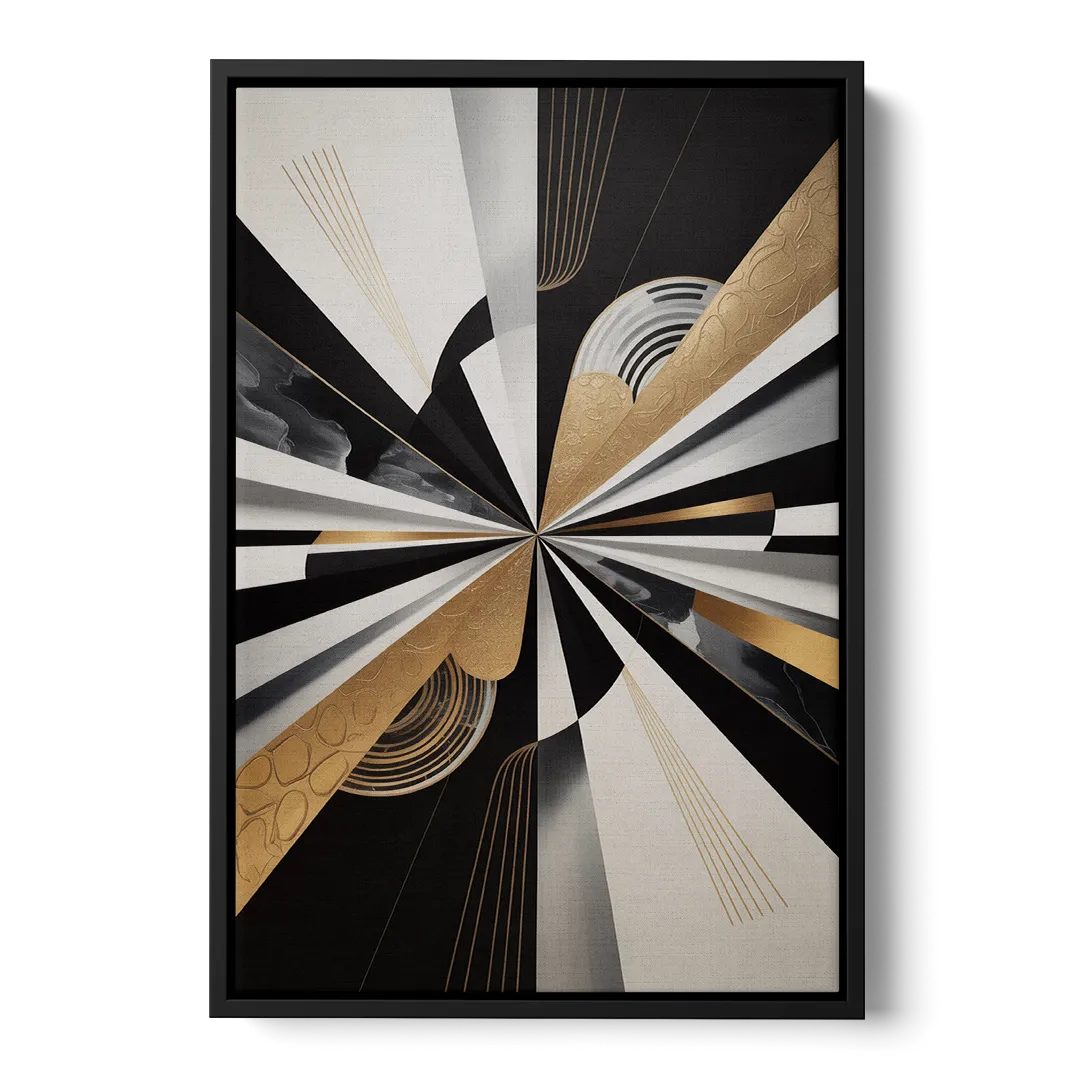 Elegant Geometric Black White and Gold Abstract - Black Frame Canvas