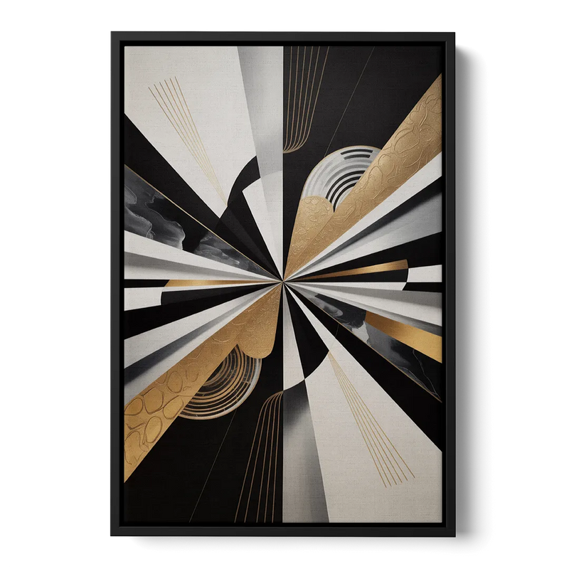 Elegant Geometric Black White and Gold Abstract Front - Black Canvas Wall Art