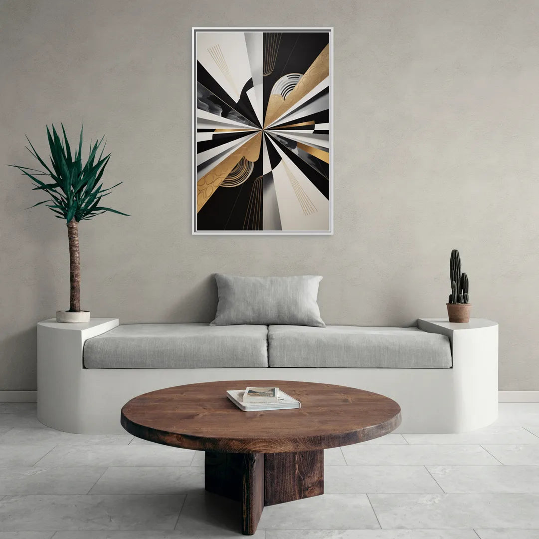 Elegant Geometric Black White and Gold Abstract - Living Room White Frame Canvas