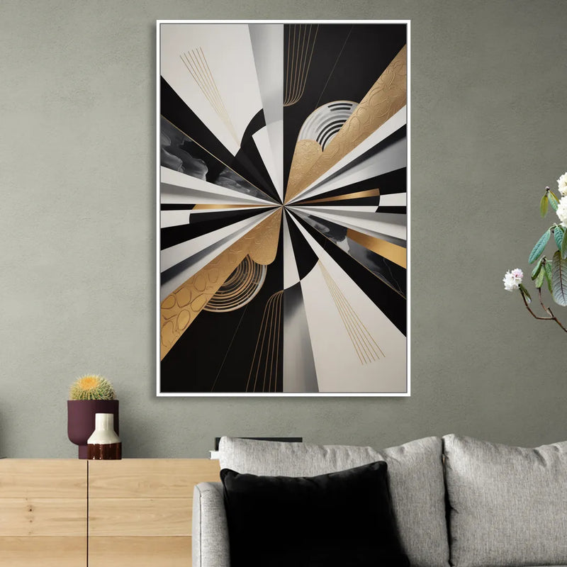 Elegant Geometric Black White and Gold Abstract Living Room - White Canvas Wall Art