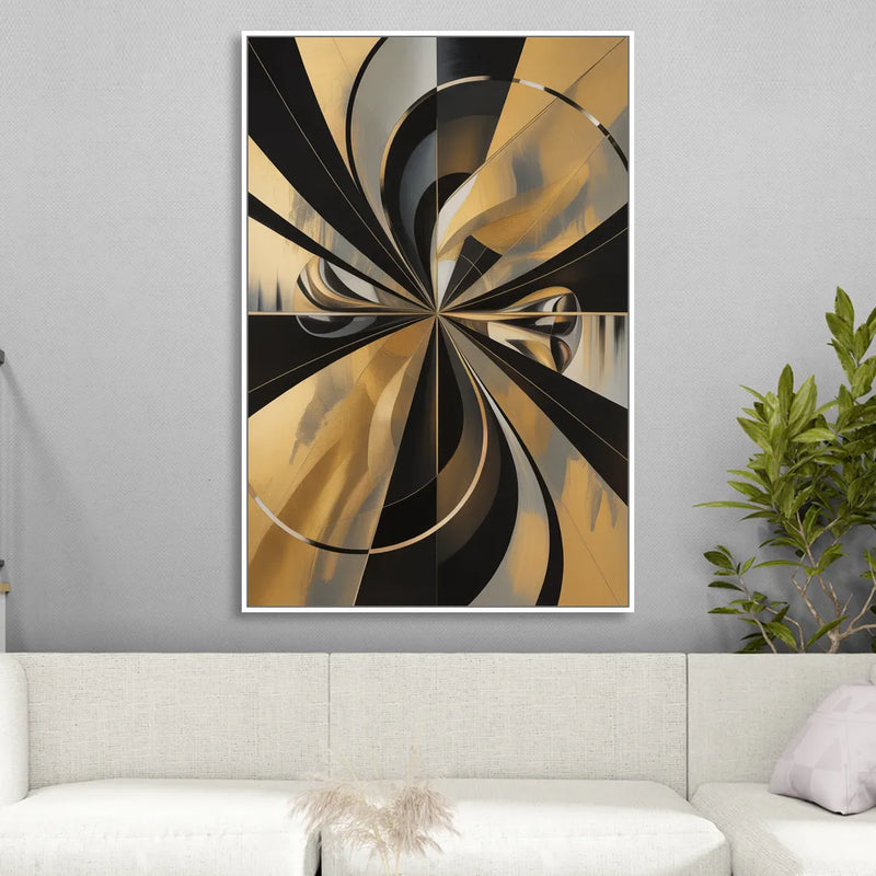 Elegant Geometric Black and Gold Abstract Living Room - White Canvas Wall Art