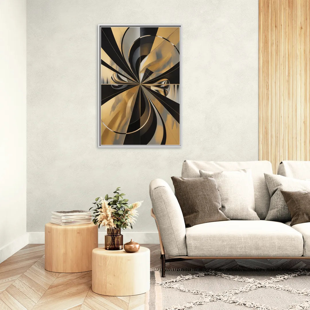 Elegant Geometric Black and Gold Abstract - Living Room White Frame Canvas