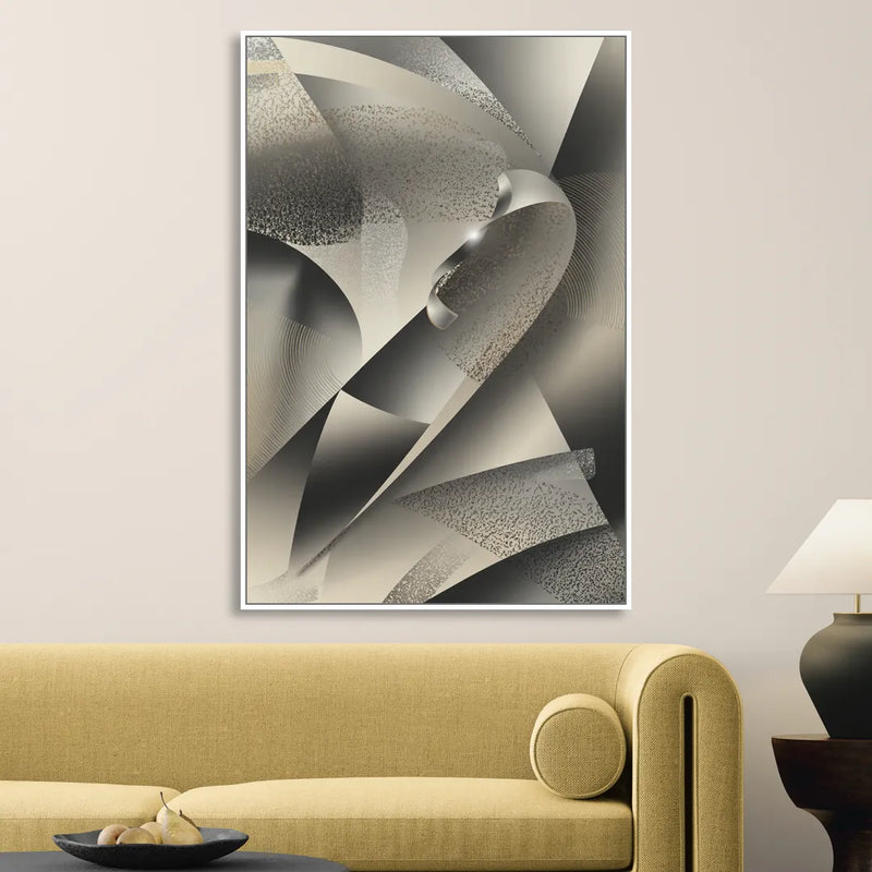 Elegant Geometric Flow Grey and Silver Abstract Sitting Room - White Canvas Wall Art