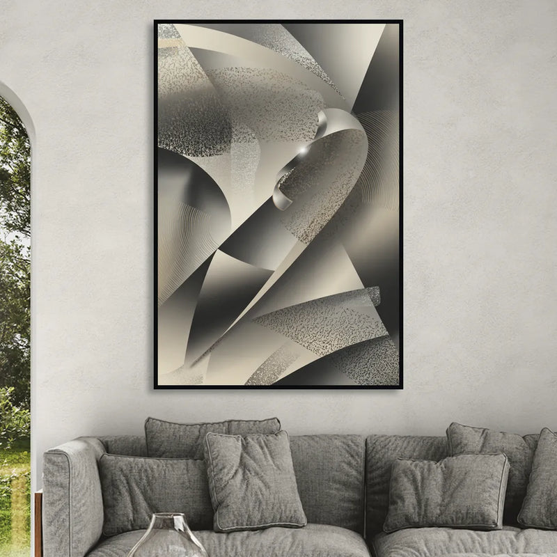 Elegant Geometric Flow Grey and Silver Abstract Sitting Room - Black Canvas Wall Art