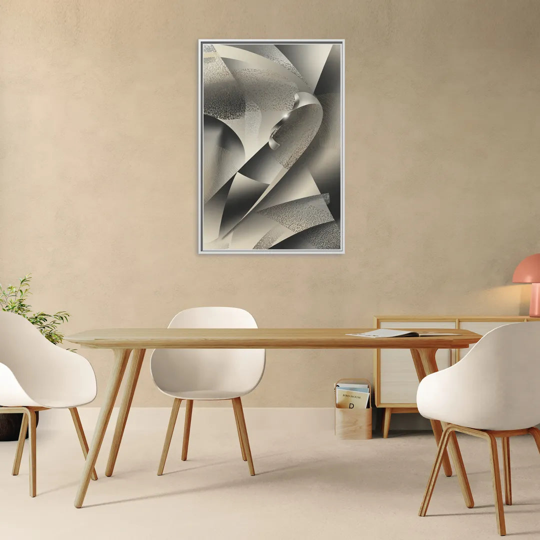 Elegant Geometric Flow Grey and Silver Abstract - Living Room White Frame Canvas
