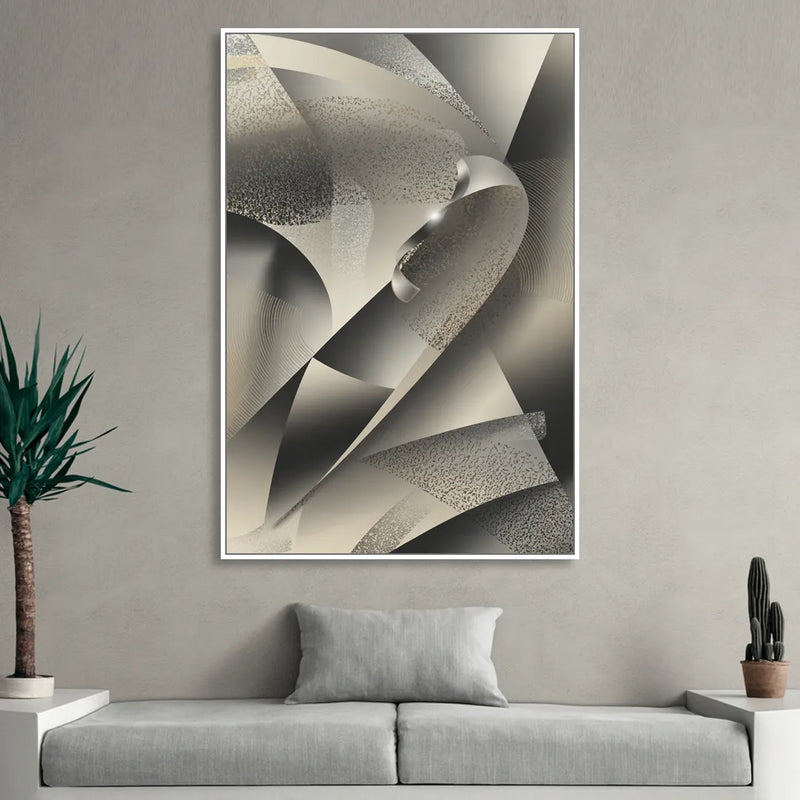Elegant Geometric Flow Grey and Silver Abstract Living Room - White Canvas Wall Art