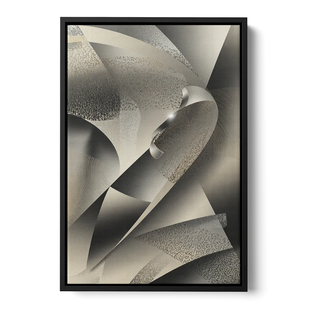 Elegant Geometric Flow Grey and Silver Abstract - Black Frame Canvas