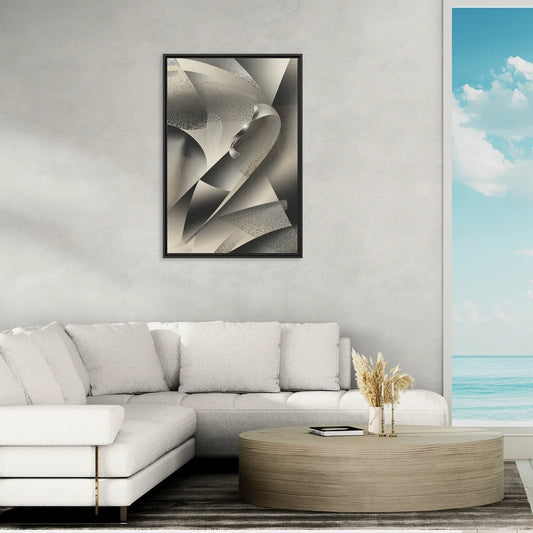 Elegant Geometric Flow Grey and Silver Abstract - Living Room Black Frame Canvas