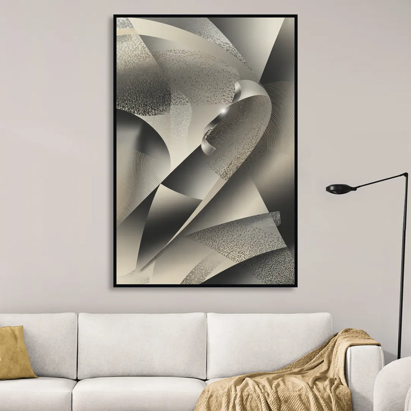 Elegant Geometric Flow Grey and Silver Abstract Living Room - Black Canvas Wall Art