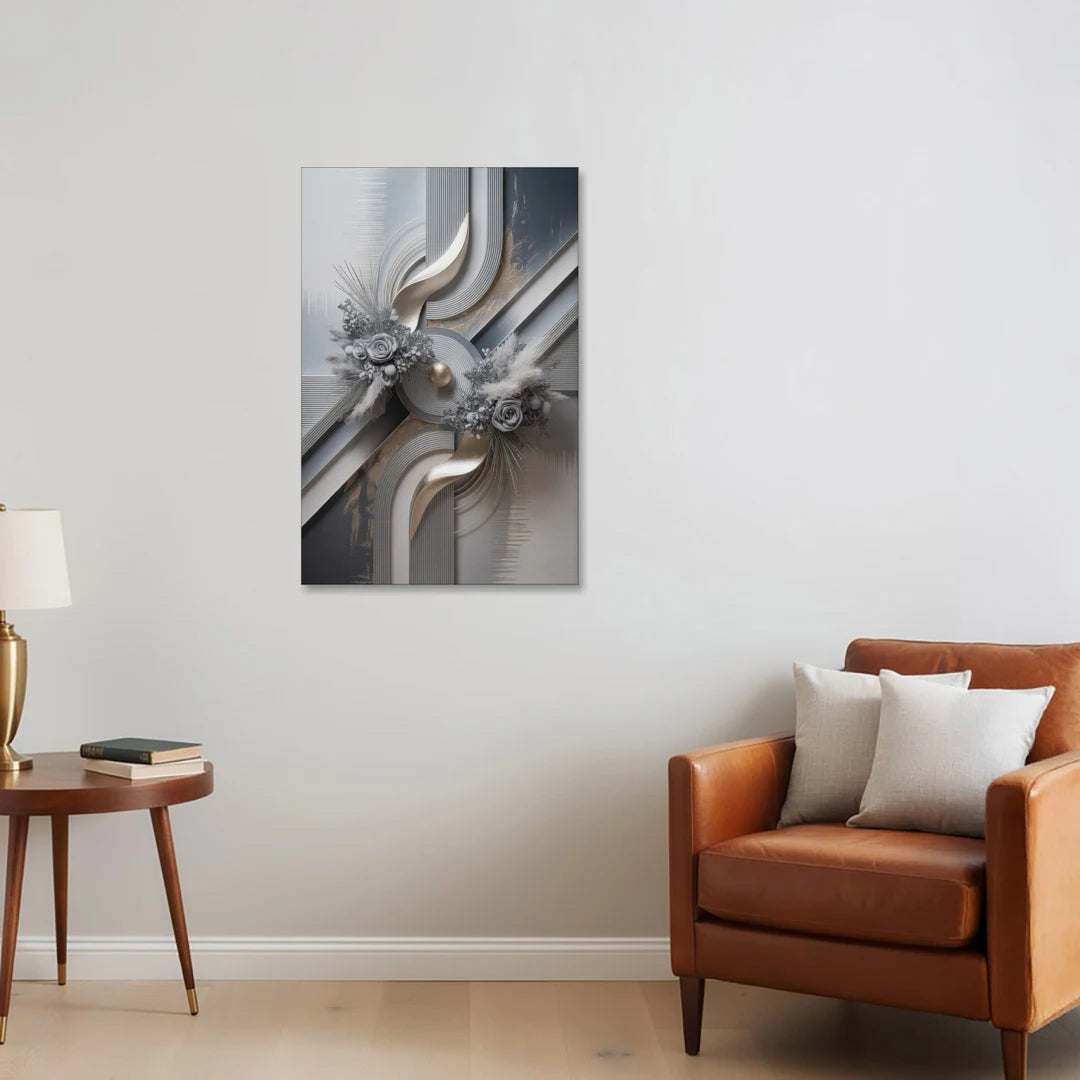 Elegant Geometric Grey and Silver Abstract - Canvas Wall Art - Sofa - 24x36