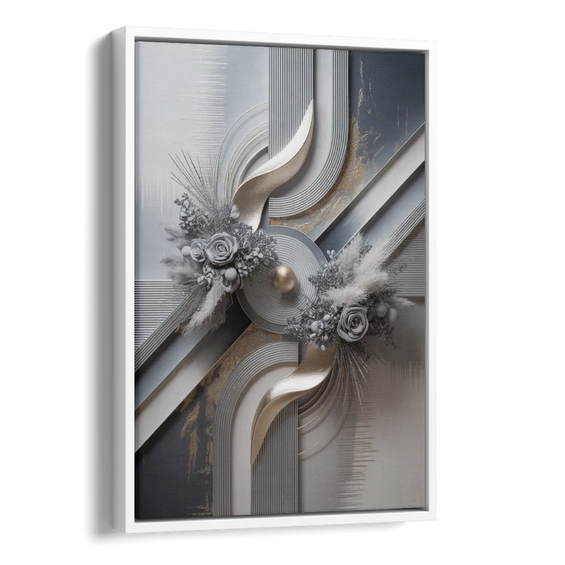 Elegant Geometric Grey and Silver Abstract Side - White Canvas Wall Art