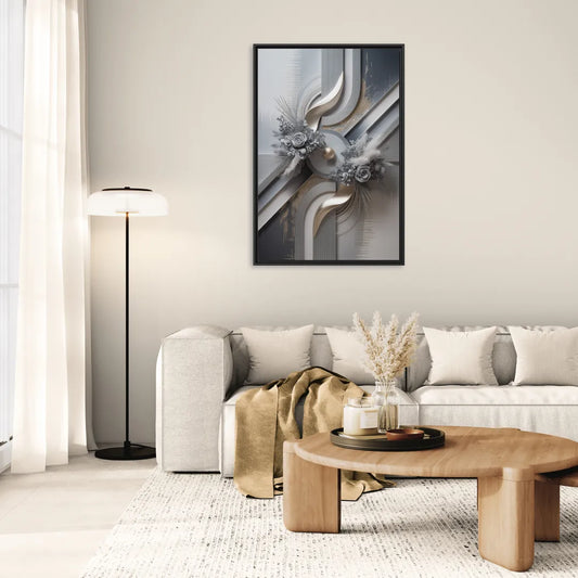 Elegant Geometric Grey and Silver Abstract - Living Room Black Frame Canvas