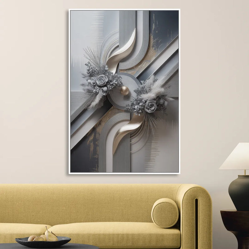 Elegant Geometric Grey and Silver Abstract Living Room - White Canvas Wall Art