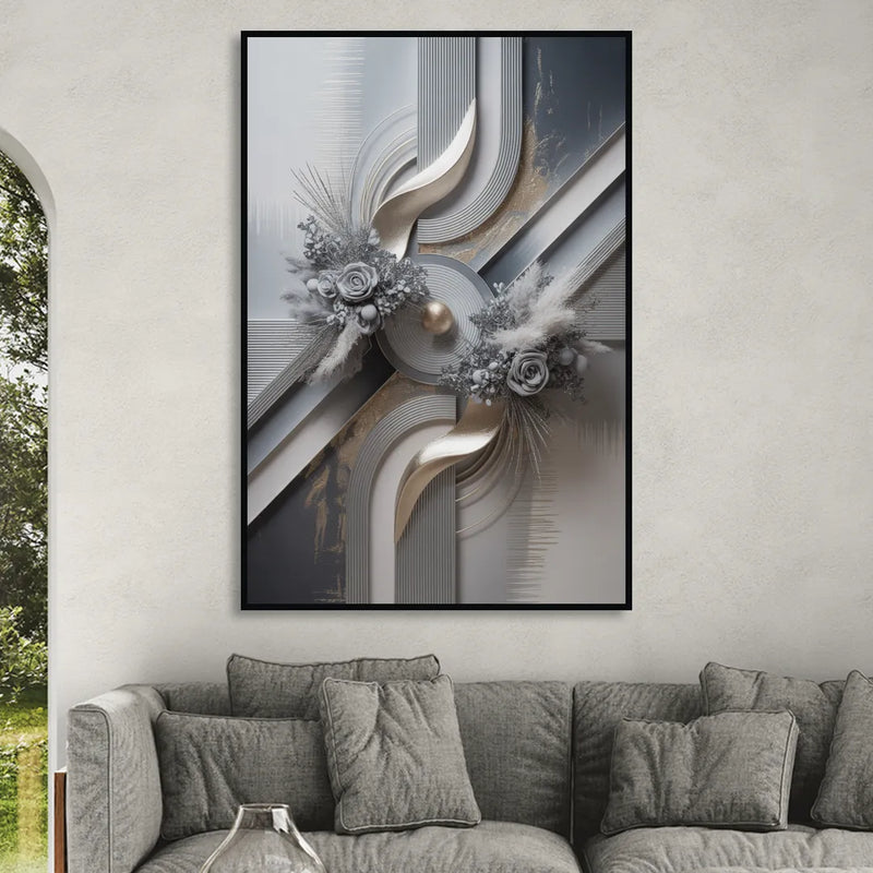 Elegant Geometric Grey and Silver Abstract Living Room - Black Canvas Wall Art