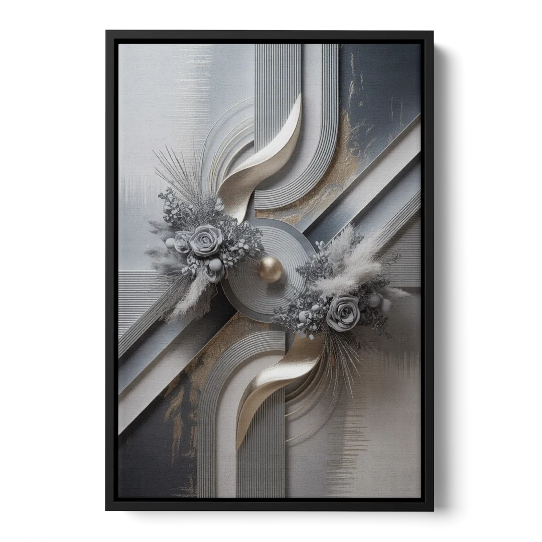 Elegant Geometric Grey and Silver Abstract - Black Frame Canvas