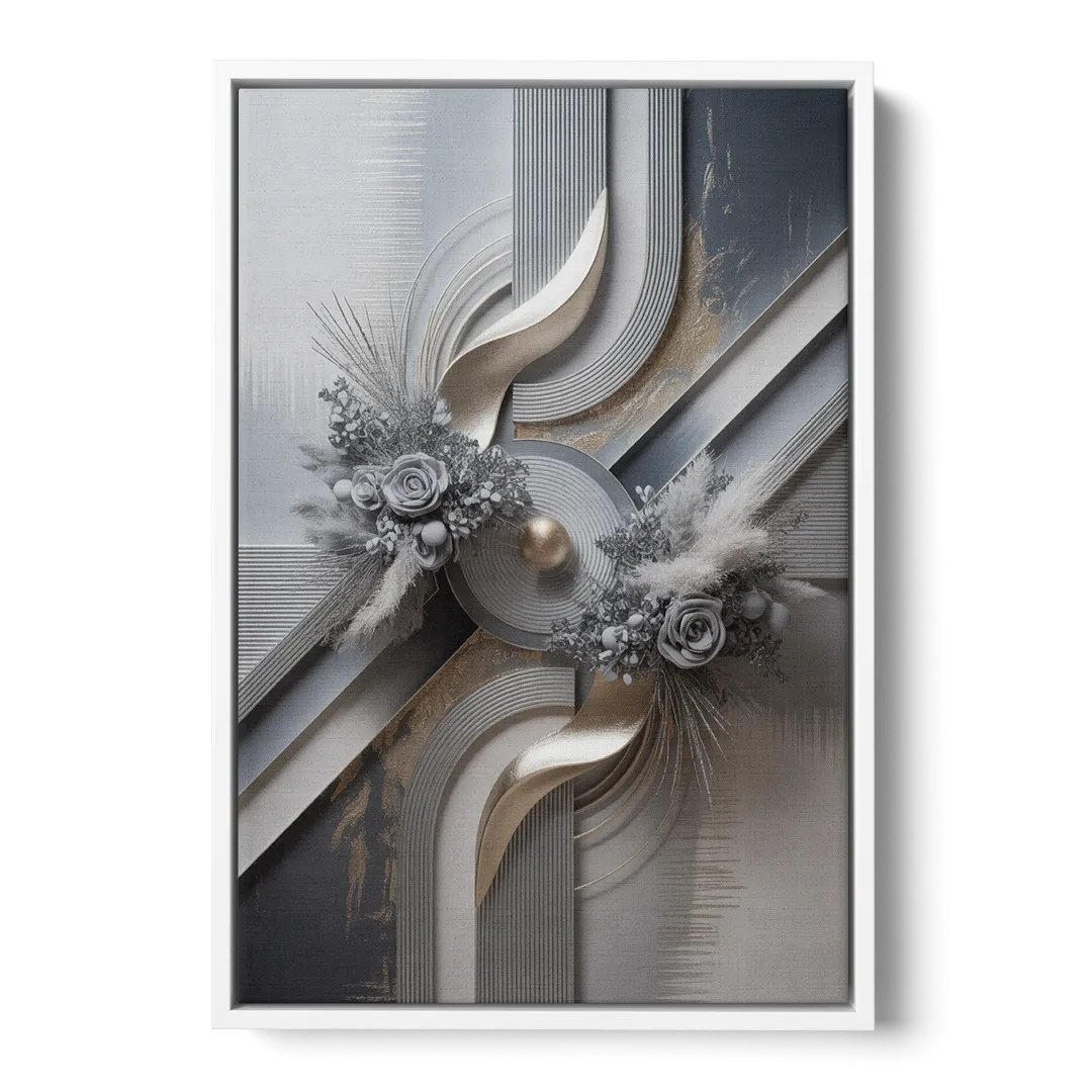 Elegant Geometric Grey and Silver Abstract - White Frame Canvas